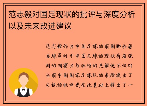 范志毅对国足现状的批评与深度分析以及未来改进建议