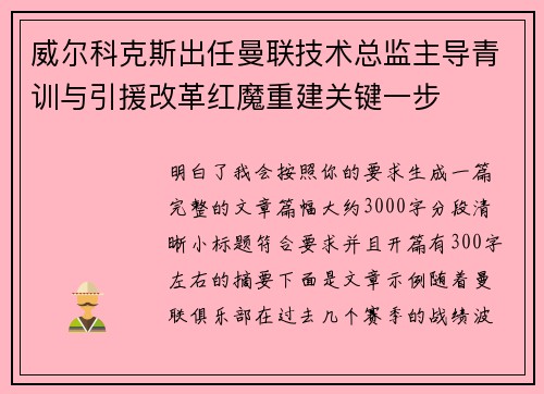 威尔科克斯出任曼联技术总监主导青训与引援改革红魔重建关键一步 威尔科克斯出任曼联技术总监主导青训与引援改革红魔重建关键一步