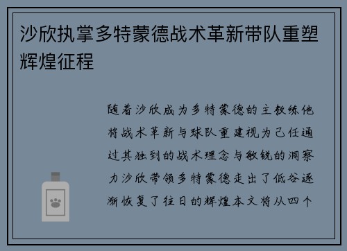 沙欣执掌多特蒙德战术革新带队重塑辉煌征程 沙欣执掌多特蒙德战术革新带队重塑辉煌征程