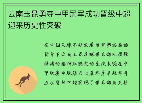 云南玉昆勇夺中甲冠军成功晋级中超迎来历史性突破 云南玉昆勇夺中甲冠军成功晋级中超迎来历史性突破